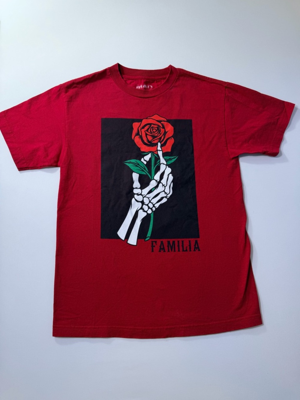 MAD Engine Red Short-Sleeve Tee with Rose & Skeleton Graphic